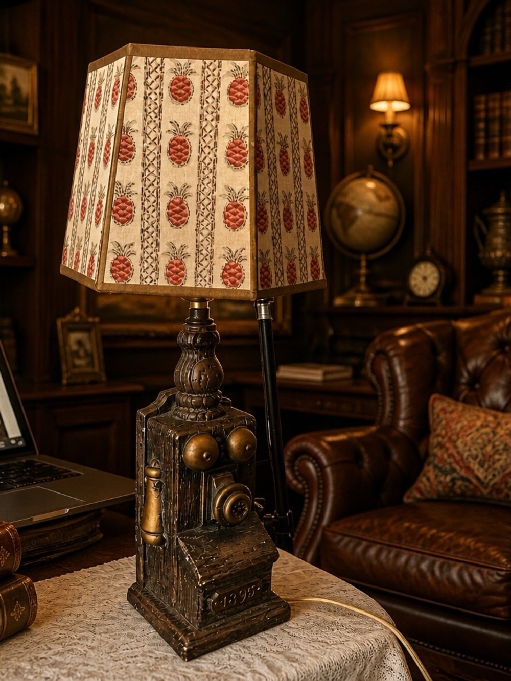 Vintage 1895 Telephone Replica Lamp w/ Handmade 60yo Pineapple Shade